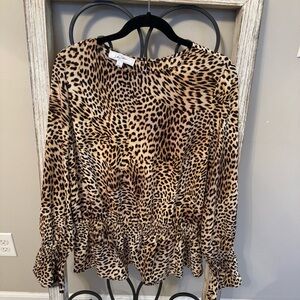 Libby Edelman Leopard Print Cinched Elastic Waist Women's Top Size Large‎